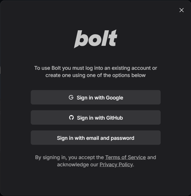 Bolt.new 회원 가입 화면