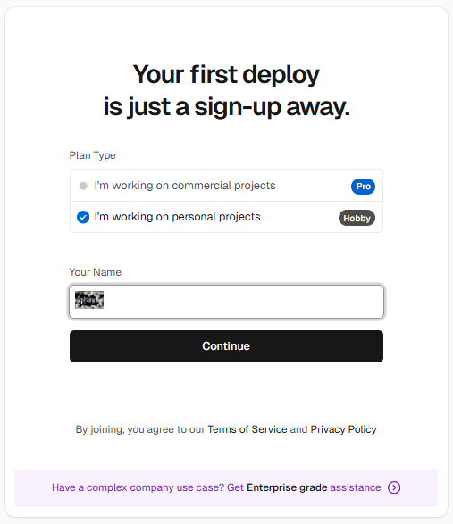 vercel 플랜 선택 화면