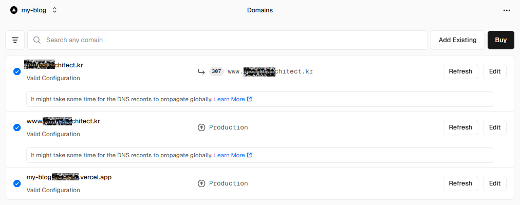 Vercel에서 도메인이 정상적으로 설정된 것을 확인