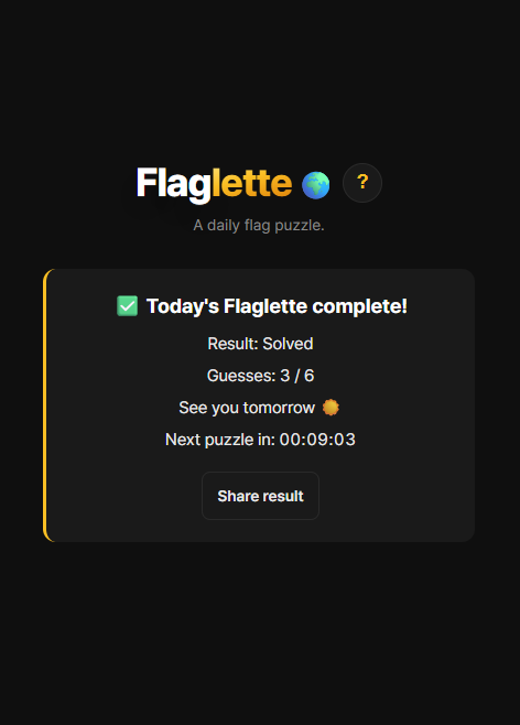 Flaglette 게임 결과 화면