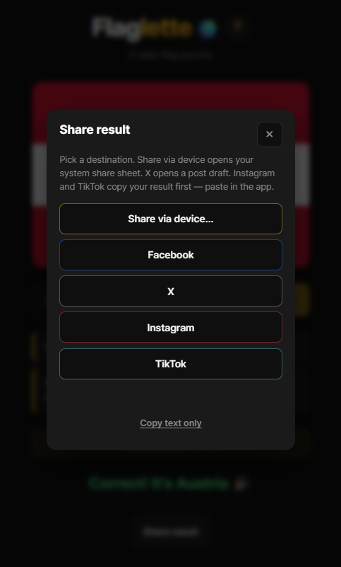Flaglette 게임 결과 공유 창