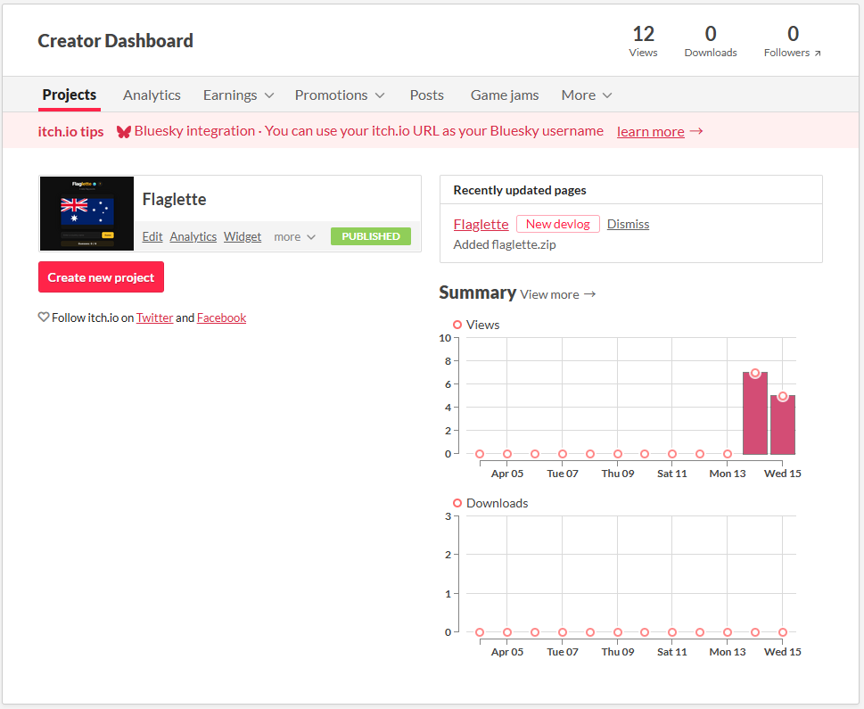 itch.io 게임 관리 화면