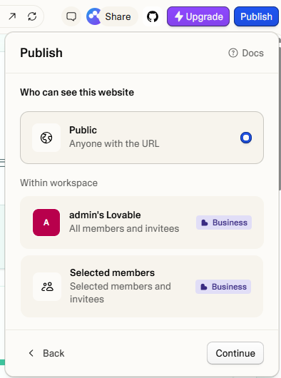 웹/앱 배포 진행 화면 - 공개 여부 설정(무료 버전에서는 공개 기능만 가능)