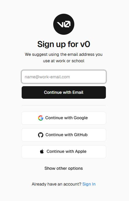 v0.app 회원 가입 화면